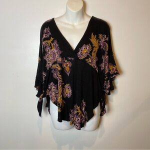 Free People Black and Purple Floral Poncho Blouse Paisley XS
